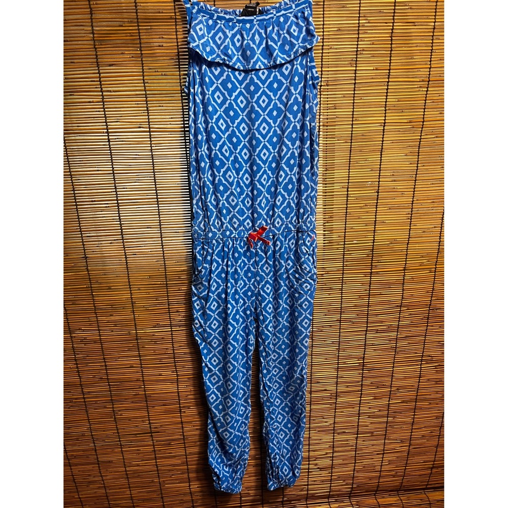Nautica Size 8 Jumpsuit Blue Geometric Print Rayon Ruffle Pockets Sleeveless